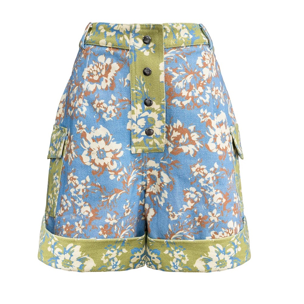 Floral High-Waist Cotton Blend Shorts in Blue and Green